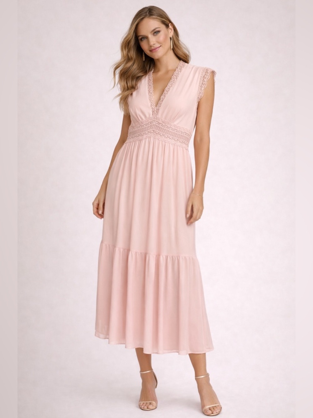 Delicate Lace-Trim Pink Maxi Dress L